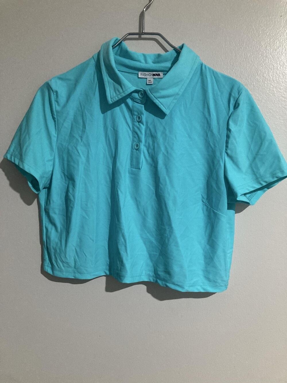 Fashion Nova Polo Womens XL Blue Cropped Collared Short Sleeve Stretch